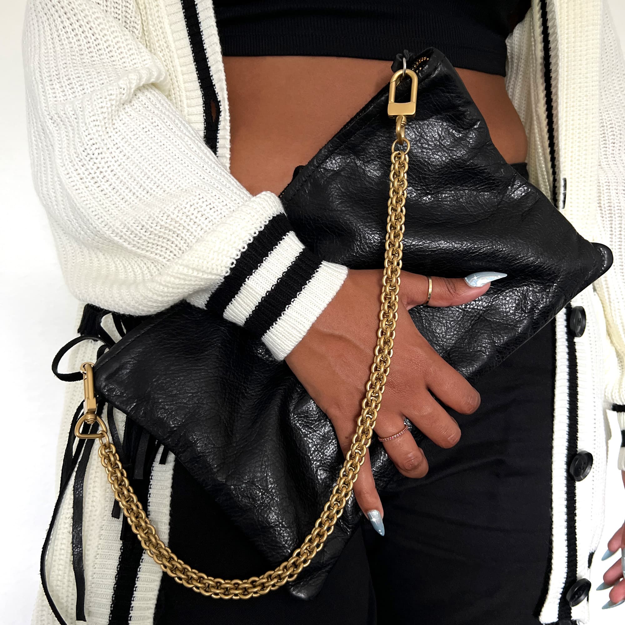 Veil matte gold leather shoulder strap with subtle metallic finish